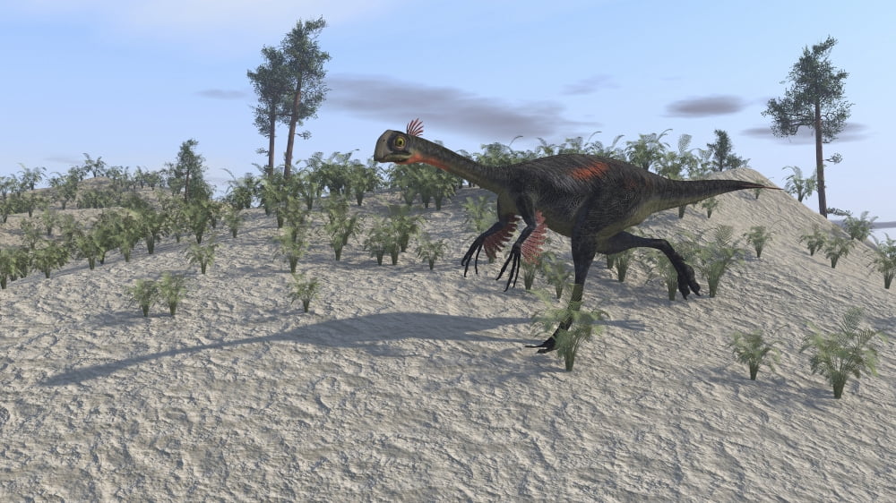 Gigantoraptor running across a prehistoric terrain Canvas Art - Kostyantyn IvanyshenStocktrek Images (19 x 11)