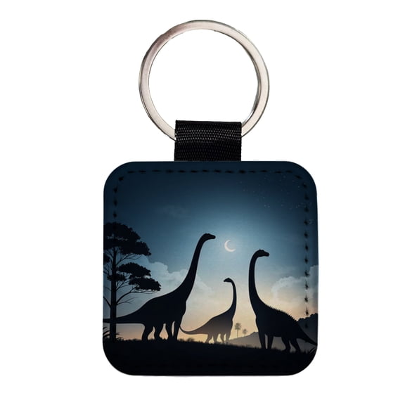 Gigantosaurus Silhouettes Moon Trees Dinosaurs Faux Leather Square Keychain