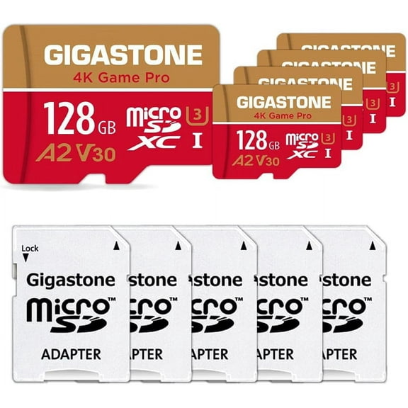Gigastone 128GB Micro SD Card, 4K Game Pro, Nintendo Switch Compatible, A2 Run App, 4K Video Recording, Micro SDXC R/W up to 100/50MB/s, 5 Pack (5x128GB)