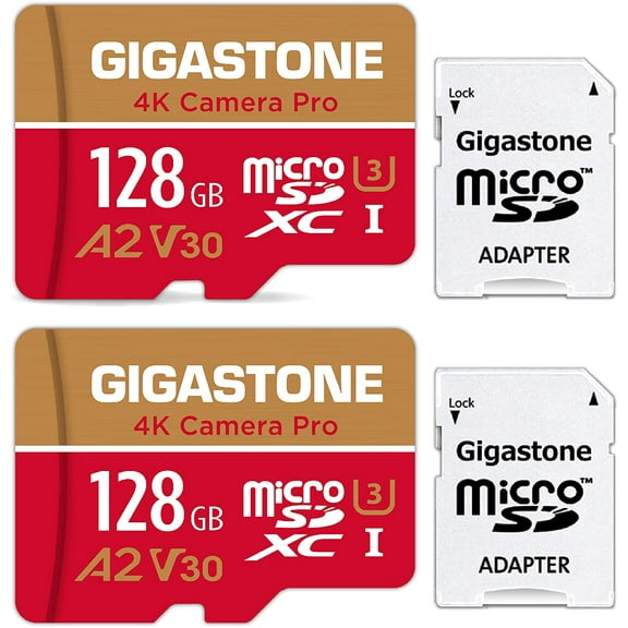 Gigastone 128GB Micro SD Card, 4K Video Recording, 4K Camera Pro, compatible with Nintendo Switch, Dash Cam, GoPro Cameras, R/W up to 100/50 MB/s, Micro SDXC UHS-I A1 V30 Class 10, 2 Pack (2x128GB)