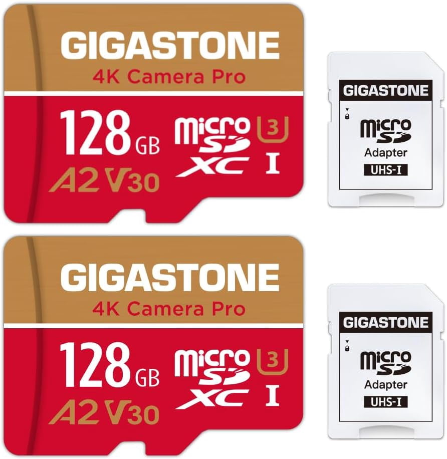 Gigastone 128GB Micro SD Card, 4K Video Recording, 4K Camera Pro, compatible with Nintendo Switch, Dash Cam, GoPro Cameras, R/W up to 100/50 MB/s, Micro SDXC UHS-I A1 V30 Class 10, 2 Pack (2x128GB)