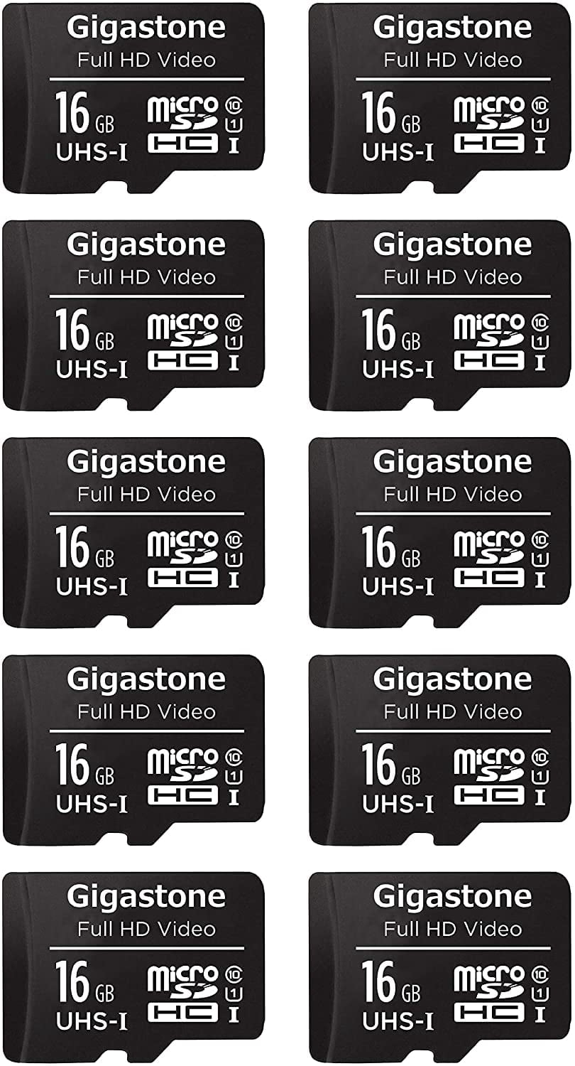 Gigastone 16GB Micro SD Card, FHD Video UHS-I U1 Class 10, for Surveillance, Security, Action Cameras, Drone, Dash Cams, 10 Pack (10x16GB)