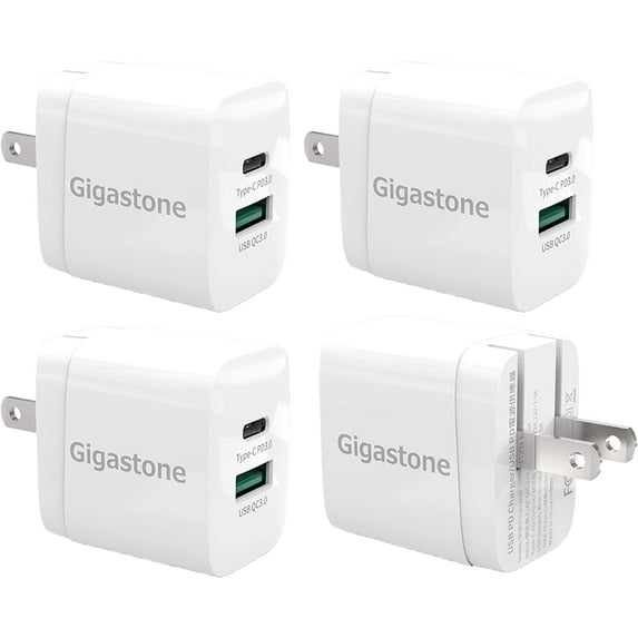 Gigastone 18W Dual Ports USB-A + USB-C Type C Wall Charger, Fast Charge PD 3.0 / QC 3.0, Compatible with iPhone, iPad, Android Smartphones, Qi Wireless Charging Pad, 4 Pack