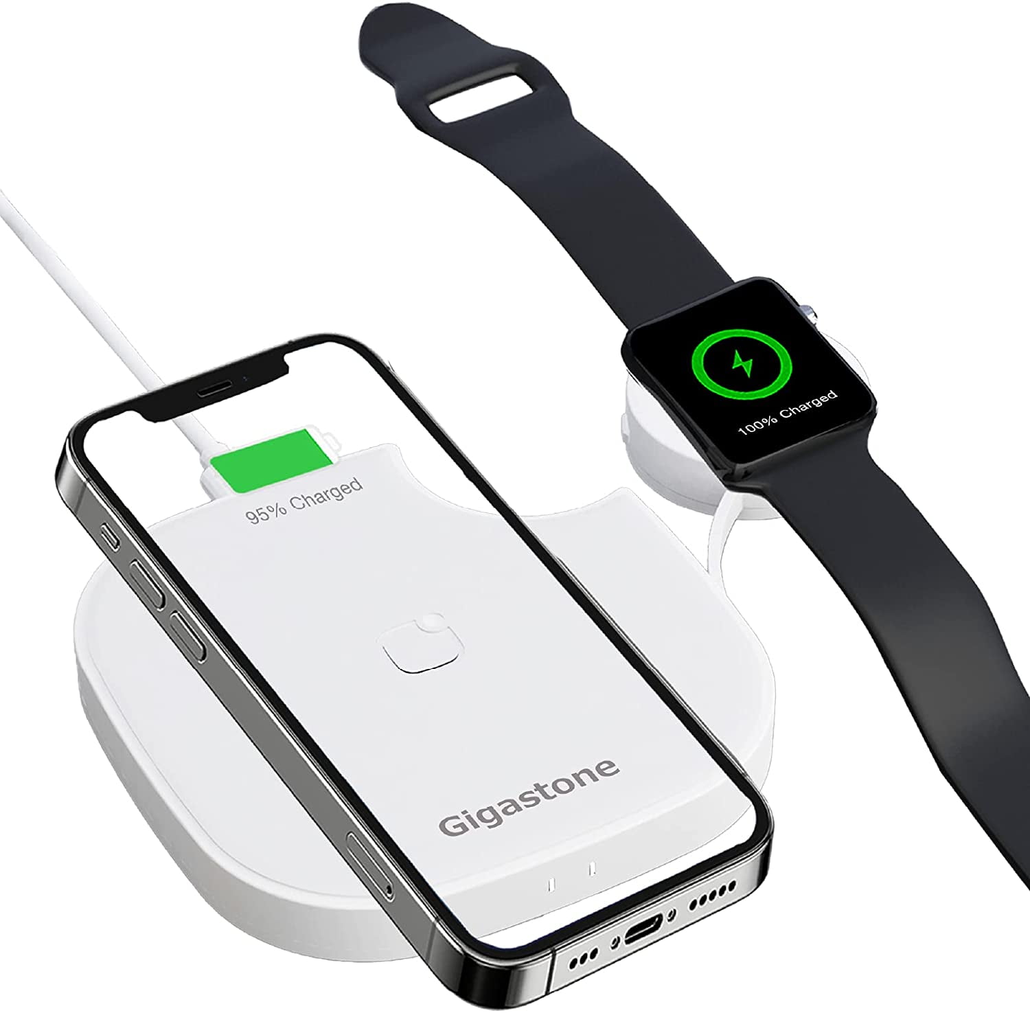 Gigastone 2 in 1 Dual Wireless Charging Pad Compatible with iPhone 12/12 Pro/12 Pro Max/11/11 Pro/XS Max/XR/XS/X/8, Galaxy S21/S20/Note 10/S10/S9/S8/Note 8, Apple Watch 6/SE/5/4/3/2/1, Airpods Pro