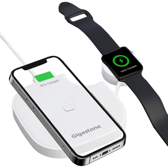Gigastone 2 in 1 Dual Wireless Charging Pad Compatible with iPhone 12/12 Pro/12 Pro Max/11/11 Pro/XS Max/XR/XS/X/8, Galaxy S21/S20/Note 10/S10/S9/S8/Note 8, Apple Watch 6/SE/5/4/3/2/1, Airpods Pro