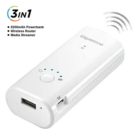 Gigastone 3-in-1 Power Bank 5200mAh, Tiny Design w/Wireless Access & Stream, WiFi 802.11 b/g/n to Ethernet, App for Media/File