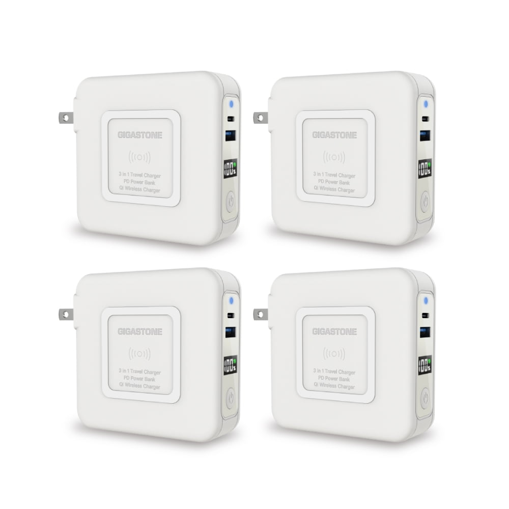Gigastone 4-in-1 10000mAh Qi Wireless Portable Charger 20W Wireless Power Bank - White 4 pack