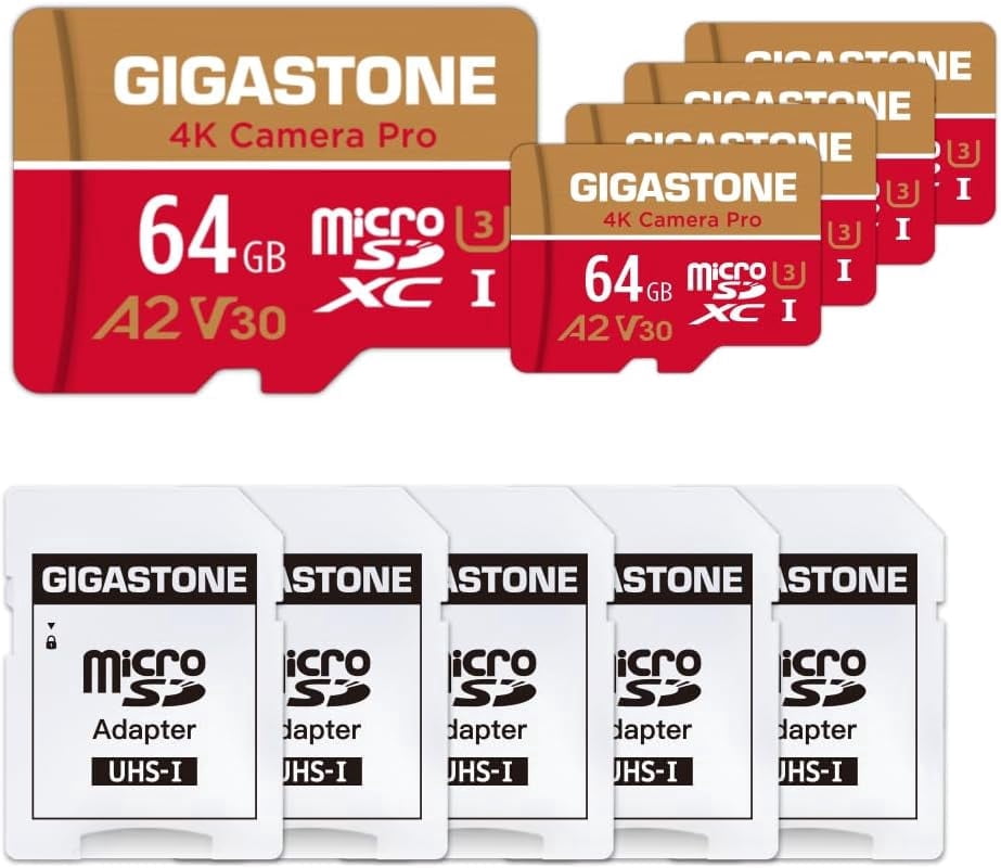 【5-Years Data Recovery】 GIGASTONE 64GB Micro SD Card 5-Pack, 4K Camera Pro, A2 V30 Compatible with Gopro, Dash Cam, DJI, Drone, Security Camera, Speed Up to 95MB/s, UHS-I U3 C10