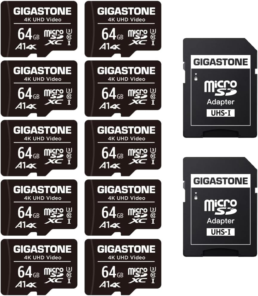 Gigastone 64GB 10-Pack Micro SD Card, 4K UHD Video, Surveillance Security Cam Action Camera Drone Professional, 90MB/s Micro SDXC UHS-I A1 Class 10