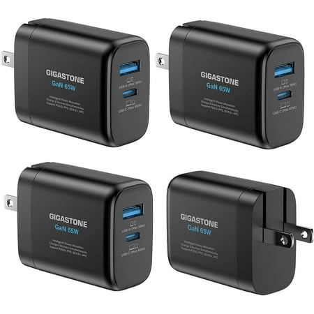 Gigastone 65W USB C & USB A Charger [4 Pack] GaN Power Go PPS Dual Port Intelligent Power Allocation,Foldable Plug Travel, Full Speed GaN Charger, Compatible with Iphone series -PD-7655B-4