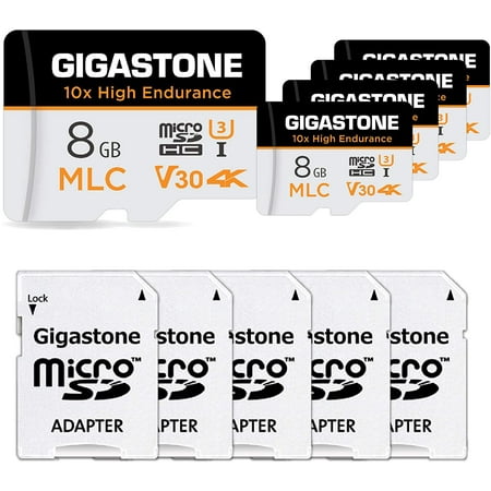 Gigastone 8GB MLC Micro SD Card, 10x High Endurance 4K Video Recording, Security Cam, Dash Cam, Surveillance Compatible 90MB/s, U3 C10, 5 Pack (5x8GB)