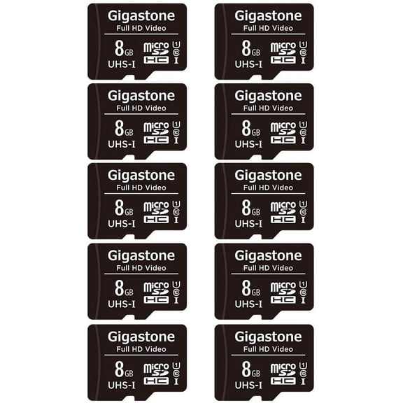 Gigastone 8GB Micro SD Card, FHD Video UHS-I U1 Class 10, for Surveillance, Security, Action Cameras, Drone, Dash Cams, 10 Pack (10x8GB)