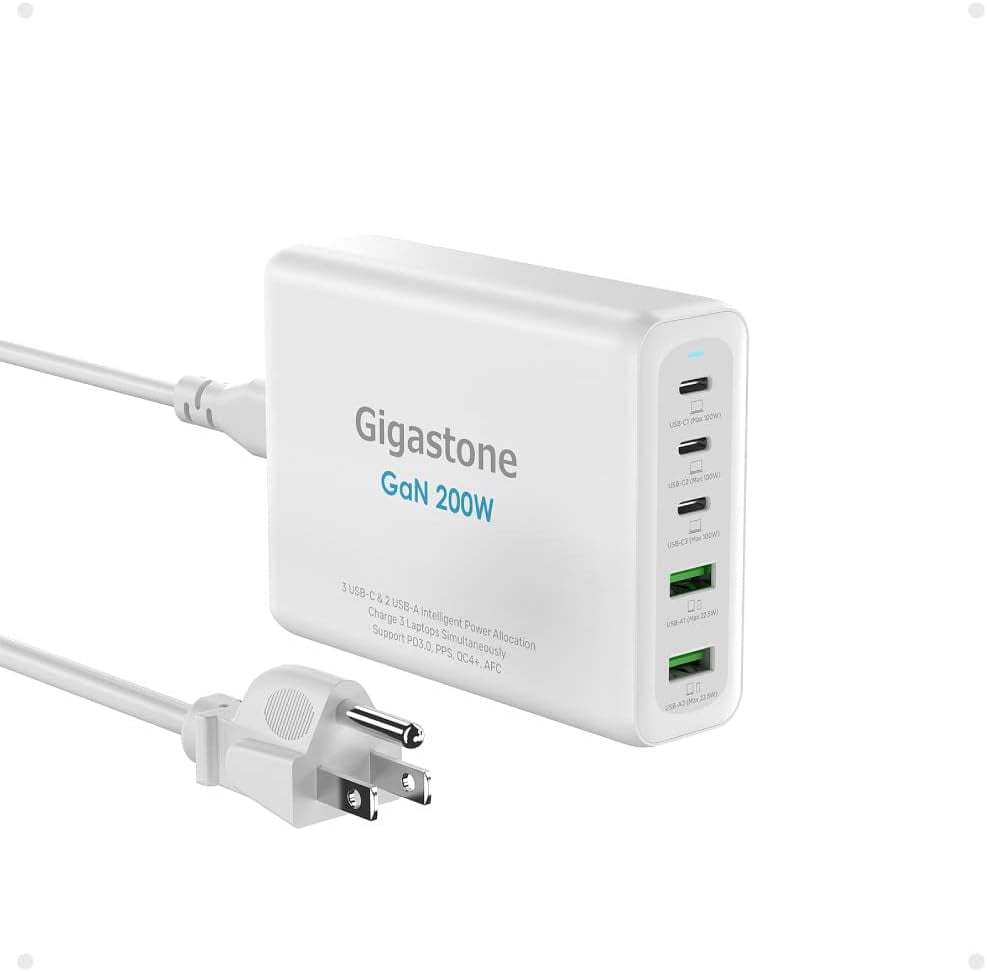 Gigastone [GaN III] 200W USB C Charger, compatible with Apple series , Fast Charging Charger, PPS GaN Charger 5-Port, 2 USB-A + 3 USB-C Desktop Charger-PD-200W