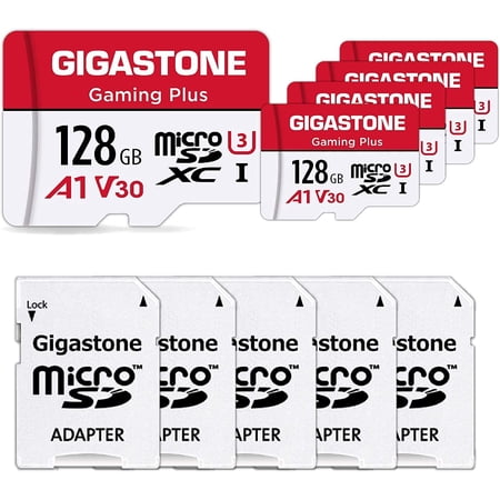 [Gigastone] Micro SD Card 128GB 5-Pack, Gaming Plus, MicroSDXC Memory Card for Nintendo-Switch, Wyze Cam, Roku, Full HD Video Recording, UHS-I U1 A1 Class 10, up to 100MB/s, with MicroSD to SD Adapter