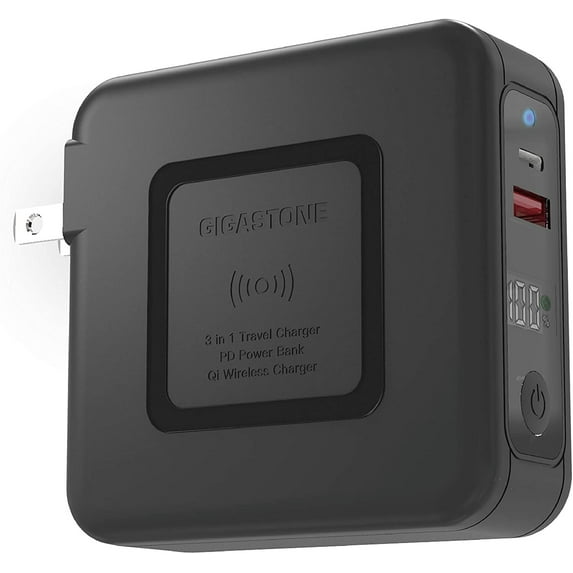 Gigastone QP-10200B Qi 3 in 1 Travel Wireless Charging Power Bank with AC Adapter Compatible with iPhone 12/11/X/Xr/8/7/6 10000mAh Capacity Power Delivery PD3.0 QC3.0 Fast Charge 15watt Wireless