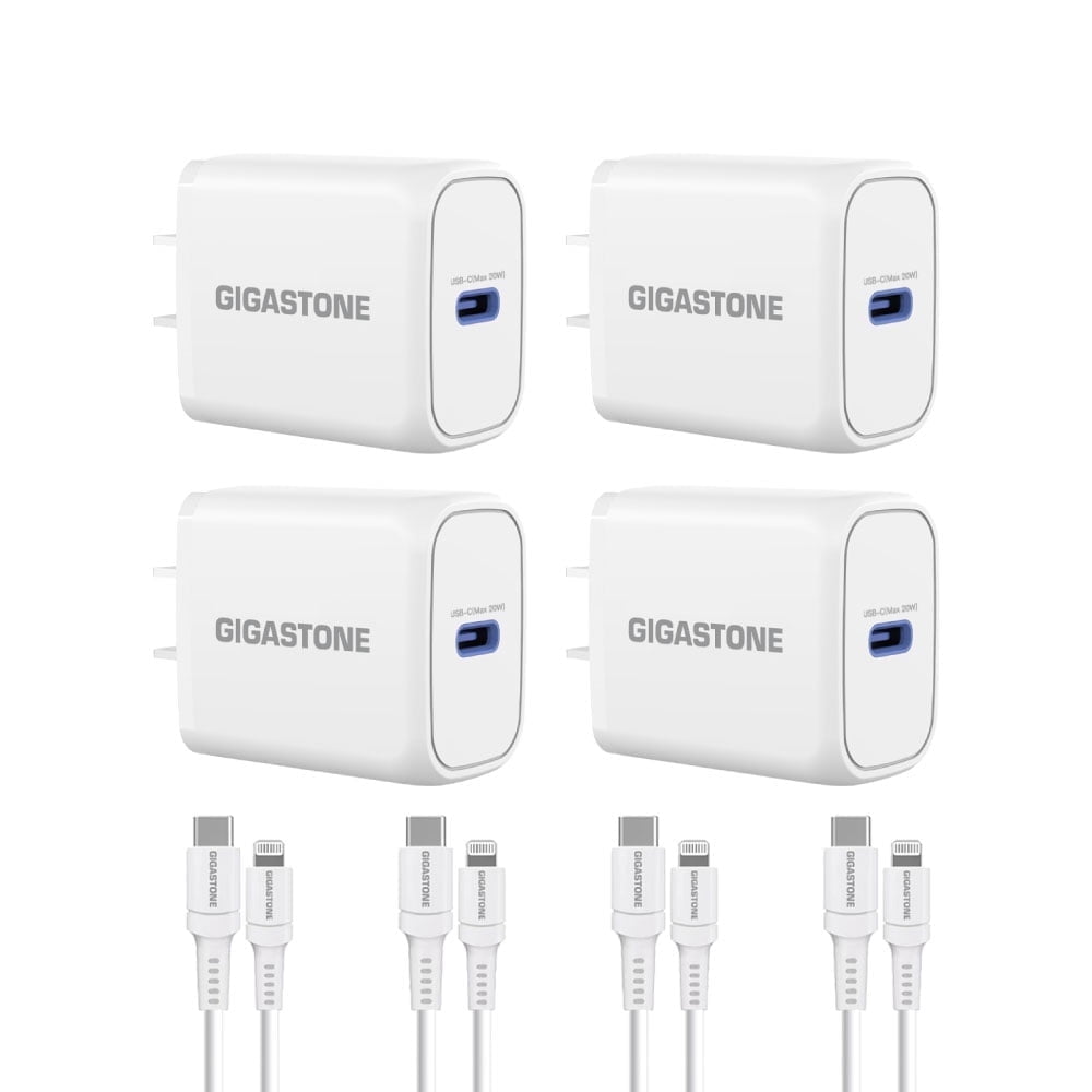 Gigastone iPhone Charger Fast Charging, 4-Pack【Apple MFi Certified】 20W USB C Charger + 5FT USB-C to Lightning Cable, Fast Charger, Compatible with iPhone series - PD-6201W+CL-7600-4-B