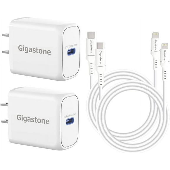 Gigastone iPhone Charger Fast Charging, 2-Pack【Apple MFi Certified】 20W USB C Charger + 5FT USB-C to Lightning Cable, Fast Charger, Compatible with iPhone series - PD-6201W+CL-7600-2