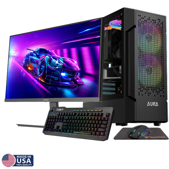Gigatech Gaming Apollo 5 Gaming PC Desktop Bundle - Ryzen 5 5500, ARC A380, 32GB DDR4, 2TB SSD, RGB, Windows 11, Wi-Fi, Monitor