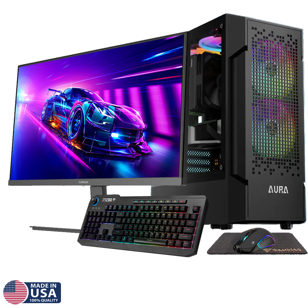 Gigatech Gaming Apollo 7 Gaming PC Desktop Bundle - Ryzen 5 5500, RTX 5050, 16GB DDR4, 512GB SSD, RGB, Windows 11, Wi-Fi, Monitor