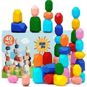 Giggle & Play 40 Pcs Wooden Stacking Stones Set, Montessori Toys for Kids Ages 3+, Free Storage Bag