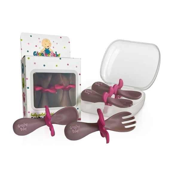 Giggley Baby Spoons Self Feeding 6+ Months, Baby Spoons and Forks Set, Petal Shaped Stand with Storage Case