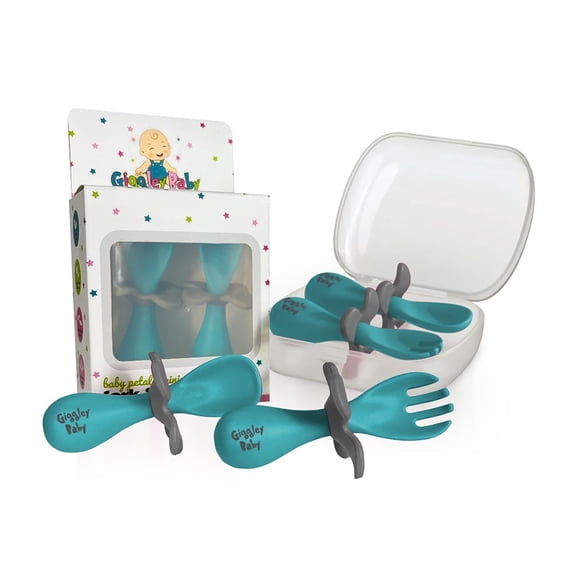 Giggley Baby Spoons Self Feeding 6+ Months, Baby Spoons and Forks Set, Petal Shaped Stand with Storage Case