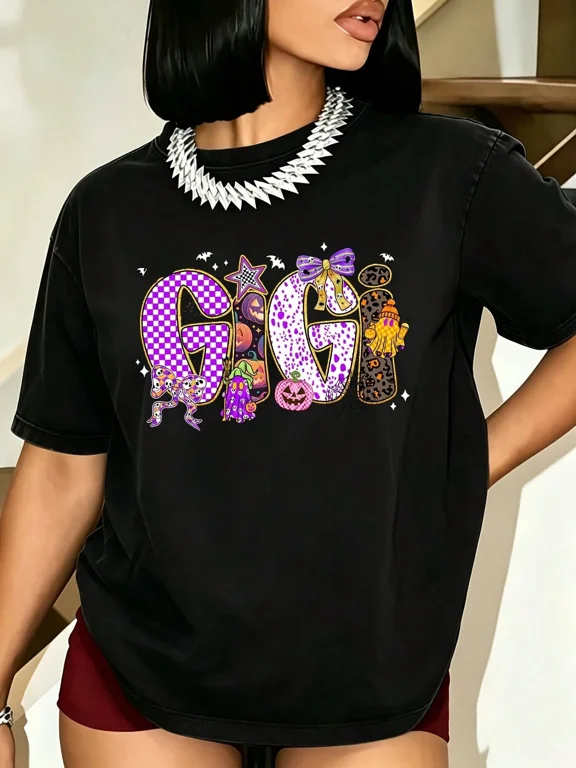Gigi Graphic Print Halloween T-Shirt, Halloween, Casual Summer Wear, Women