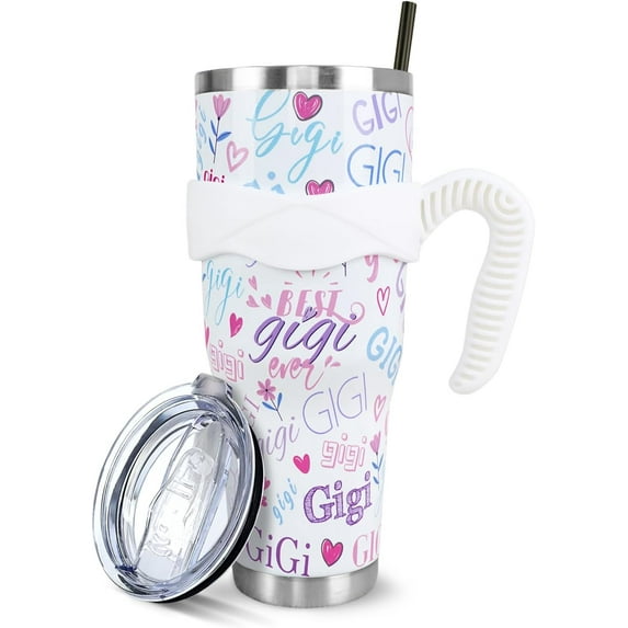 Gigi Tumbler with Handle and Straw 40 Oz, Cute Large Stainless Steel Vacuum Insulated Gigi Tumbler Iced Coffee Cup Water Bottle Travel Mug, Mothers Day Gigi Gifts for Grandma Mom Colorful White