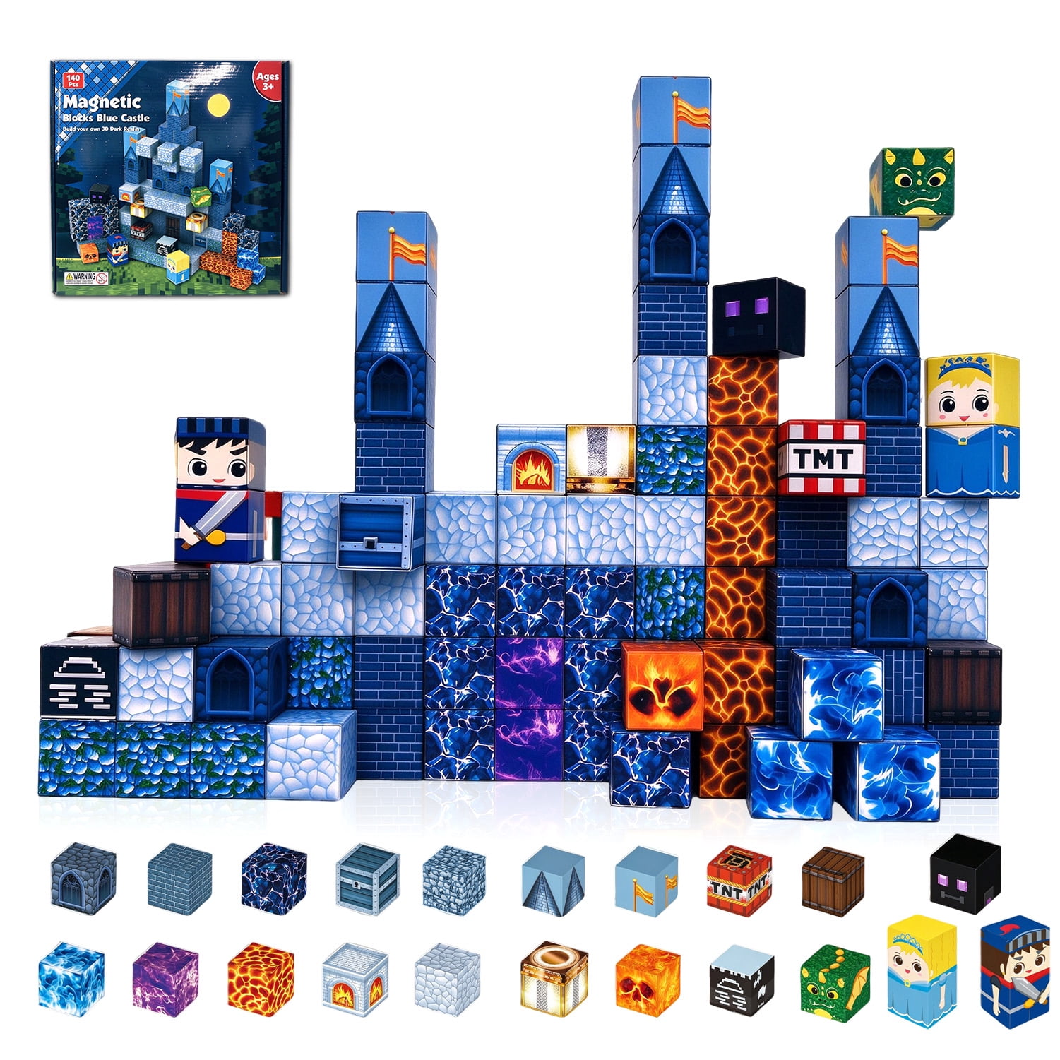 GigiPlanet 64PCS Blue Castle Magnetic Blocks Set – Knight, Princess ...