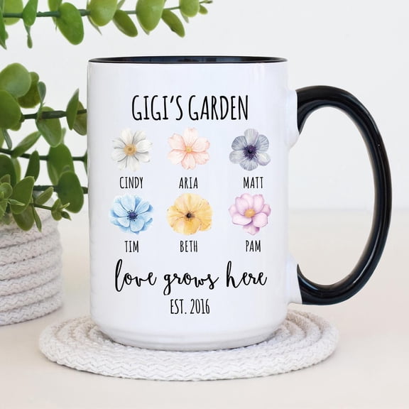 Gigis Garden Coffee Mug Personalized Gigi Cup, Grandkids Birth-Flower Names, Grandma Gift