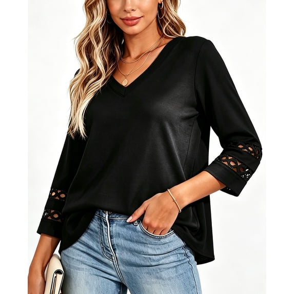 Womens Fall Tops 3/4 Sleeve Blouses for Women with Eyelet Casual Tees Ladies Loose Tops (Women's)