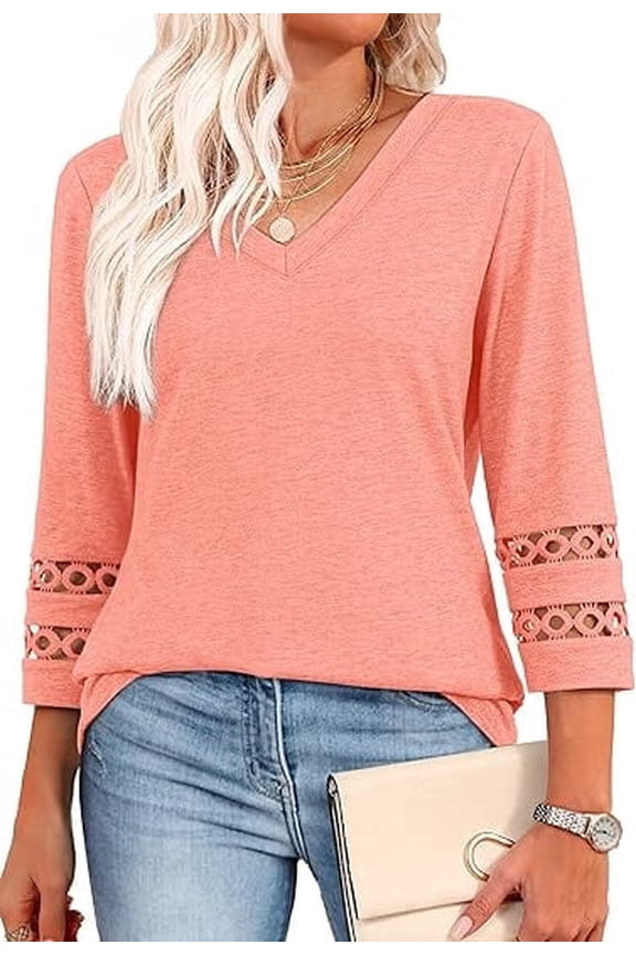 3/4 Sleeve Womens Hallow Out Sleeve Tops V Neck Tunic Blouse Curved Hem Casual Shirt