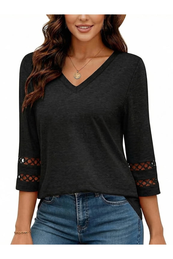 3/4 Sleeve Womens V-Neck Tunic Blouse Hollow Out Lace Sleeve Tops Curved Hem Casual Shirt