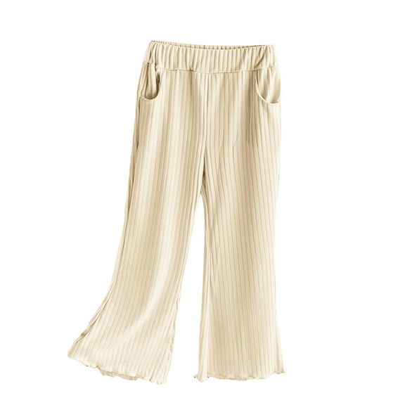 GigrtiJin 1-10 Years Infant Toddler Girls Ribbed Pants Solid Color Elastic Waisted Ruffled Straight Leg Pants with Pocket