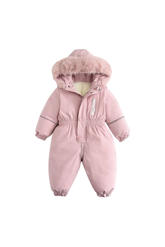 1-4 Years Infant Baby Fleece Jumpsuits Solid Color Full Zipper Cinch Snowsuit with Pocket Winter Thermal Ski Suits