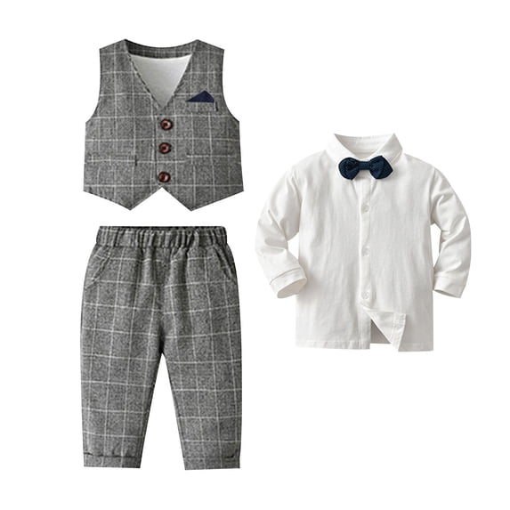 GigrtiJin 1-6 Years Infant Baby Toddler Cotton Outfits Lapel Button Long Sleeve Bow Tie Shirt Plaid Printed Vest Pants 3 PC Elegant Set