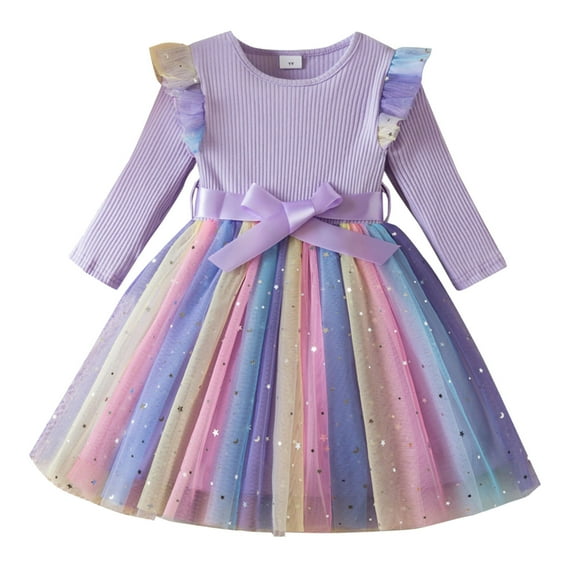GigrtiJin 1-6 Years Infant Baby Toddler's Princess Dress Ribbed Crew Neck Ruffle Long Sleeve Sparkly Tulle Dress with Bow Belt