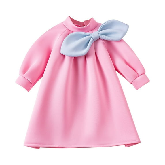 GigrtiJin 1- 7 Years Infant Baby Dress Solid Color Crew Neck Long Sleeve Cotton Cute Princess Dress with Bow for Toddler Girls