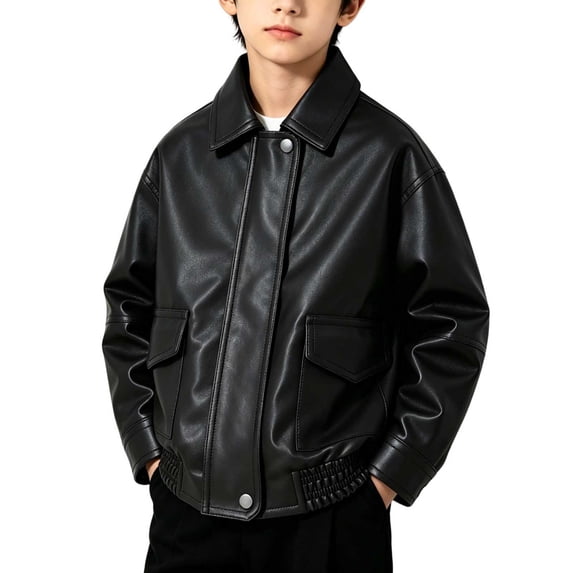 GigrtiJin 1T-13T Boys Leather Jackets Long Sleeve Collared Jackets Fall Baggy Casual Going Out Jackets with Pockets