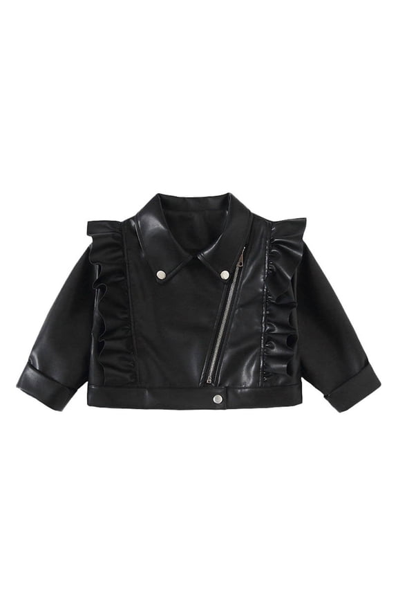 2-14 Years Toddler Kids Leather Jacket Black Lapel Zipper Ruffle Long Sleeve Outcoat with Pocket Trendy Casual Outwear