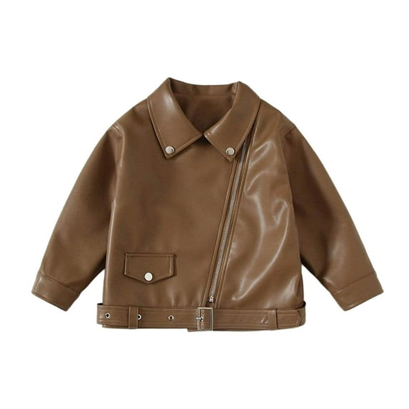 GigrtiJin 2-14 Years Toddler Kids Leather Jacket Solid Color Lapel Zipper Long Sleeve Outcoat with Pocket Trendy Casual Outwear