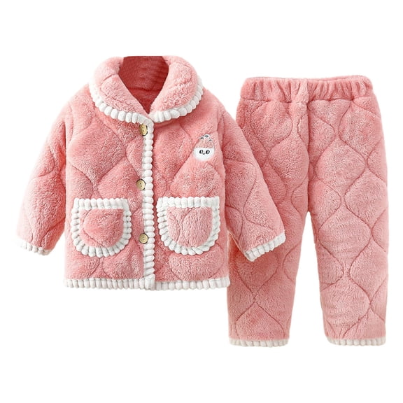 GigrtiJin 2-14 Years Winter Quilted Flannel Pajama Set Solid Color Doll Collar Button Long Sleeve Pocket Tops Pants Thermal Sleeping Set