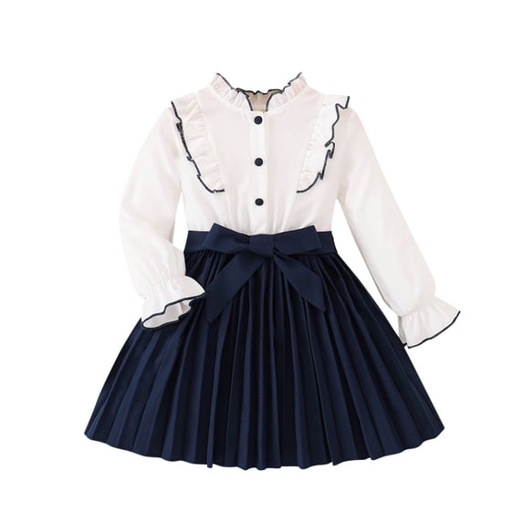 GigrtiJin 2-7 Years Dress for Toddler Little Girls Color Block Doll Collar Ruffle Long Sleeve Button Preppy Pleated Dress with Bow