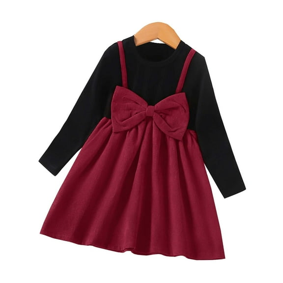 GigrtiJin 2-8 Years Lttle Girl's Corduroy 2 in 1 Dress Solid Color Crew Neck Long Sleeve Suspenders Pleated Skirt with Bow Cute Thermal Dress