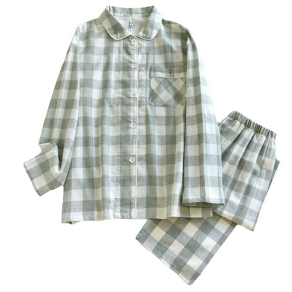 GigrtiJin 2 Piece Cotton Plaid Pajama Sets for Women Button down Lapel V Neck Long Sleeve Top with Pants Set Pjs Outfits