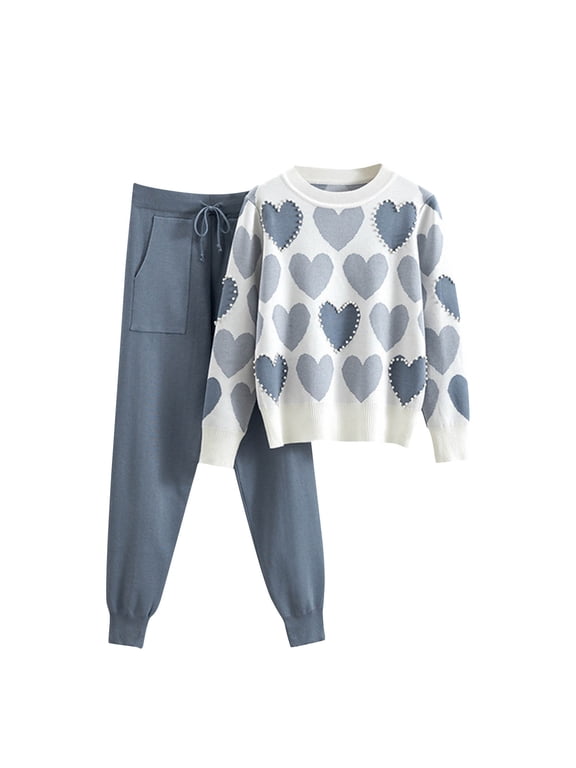 2 Piece Knit Sets for Women Casual Heart Printed Long Sleeve Pullover Sweater and Pants with Pockets Set