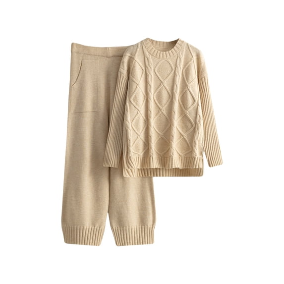 GigrtiJin 2 Piece Outfits for Women Sweater Sets Knitted Crewneck Long Sleeve Tops Casual Loose Wide Leg Pants