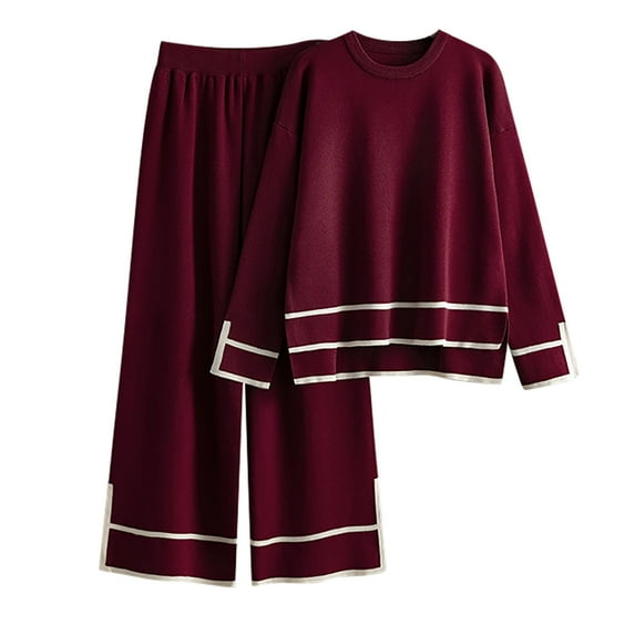 GigrtiJin 2 Piece Outfits for Women Sweater Sets Knitted Crewneck Long Sleeve Tops Casual Loose Wide Leg Pants