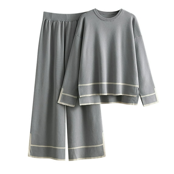 GigrtiJin 2 Piece Outfits for Women Sweater Sets Knitted Crewneck Long Sleeve Tops Casual Loose Wide Leg Pants