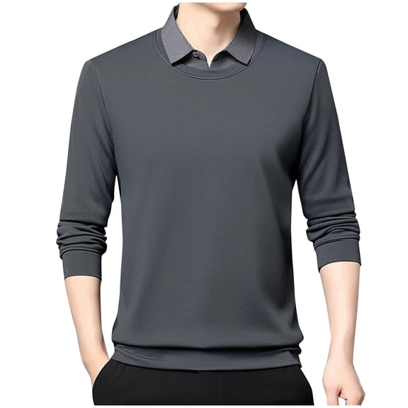 GigrtiJin 2 in 1 Casual Tops for Men Solid Color Turndown Collar Long Sleeve Shirt Homewear Pullover Blouse